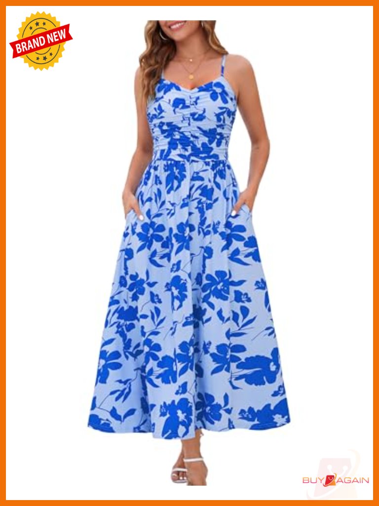 Ruched Maxi Dress With Pockets Adjustable Spaghetti Strap